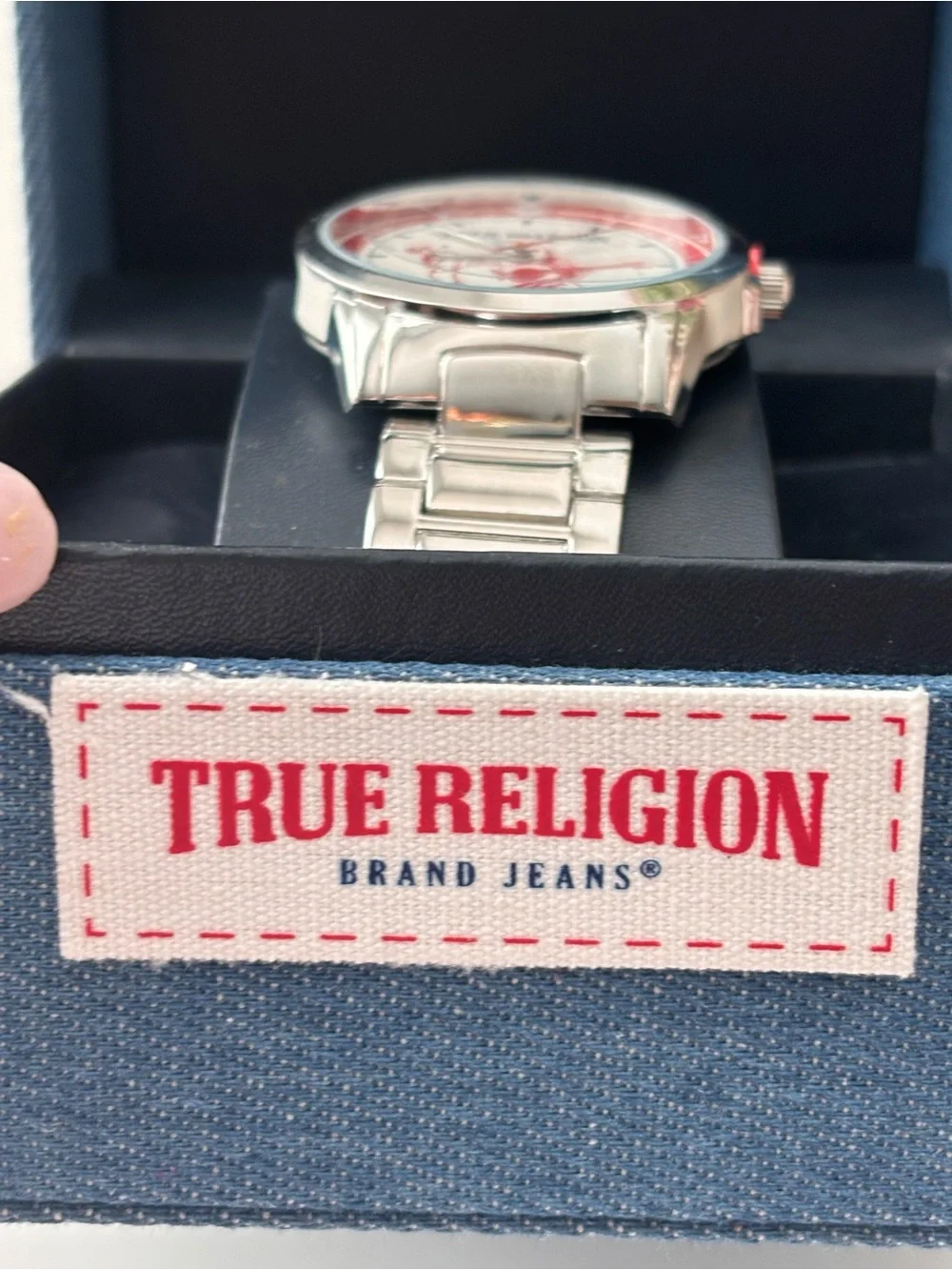 True Religion Men’s Silver Watch with Red and Blue Dial Accents